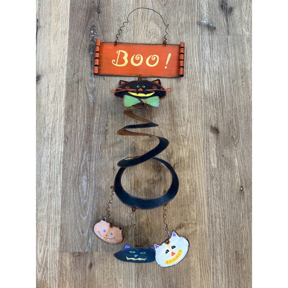Halloween Black Cat Metal Wind Spinner Orange Boo Sign Whimsygoth Spooky Boho